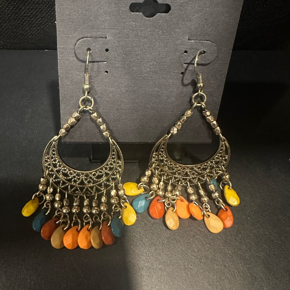 Bohemian Gold and Multicolor Dangle Earrings - Picture 2 of 2